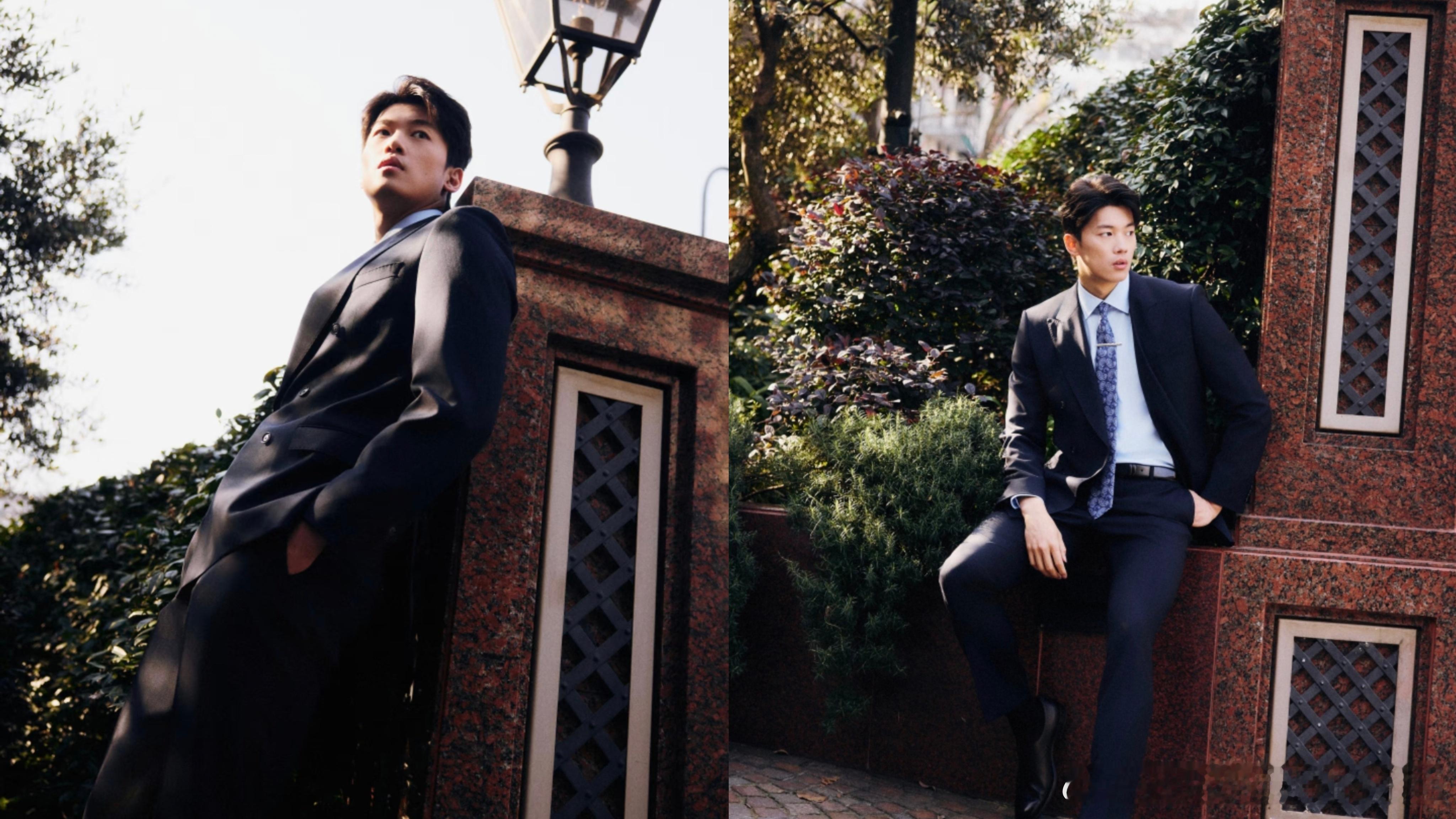 BOSS品牌代言人汪顺 身着深蓝色双排扣羊毛西装搭配精致印花丝巾、花卉纹理领带出