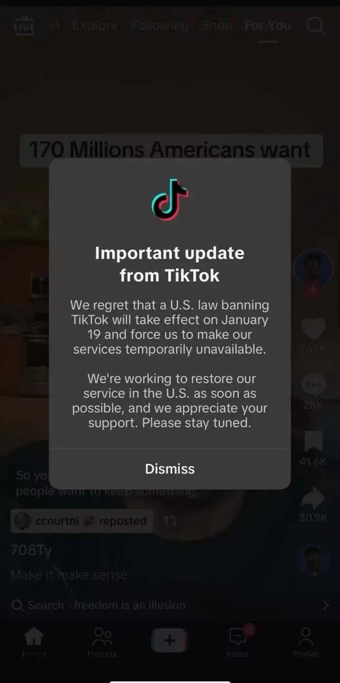 TikTok通知美用户将暂停服务 美东时间周六晚间，TikTok向美国用户推送通