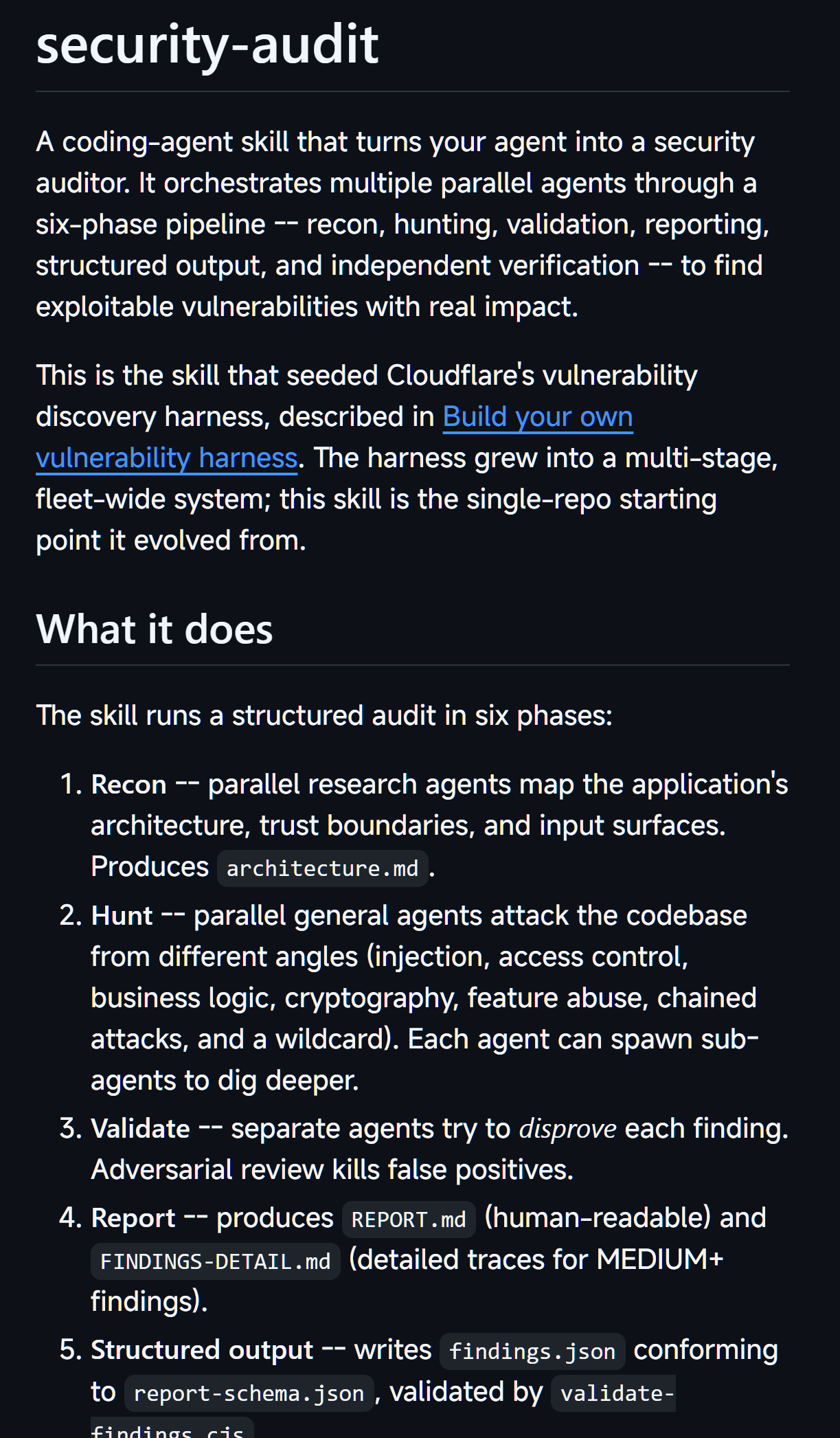 cloudflare官方的安全skill，一个用于多阶段安全审计的编码代理技能，