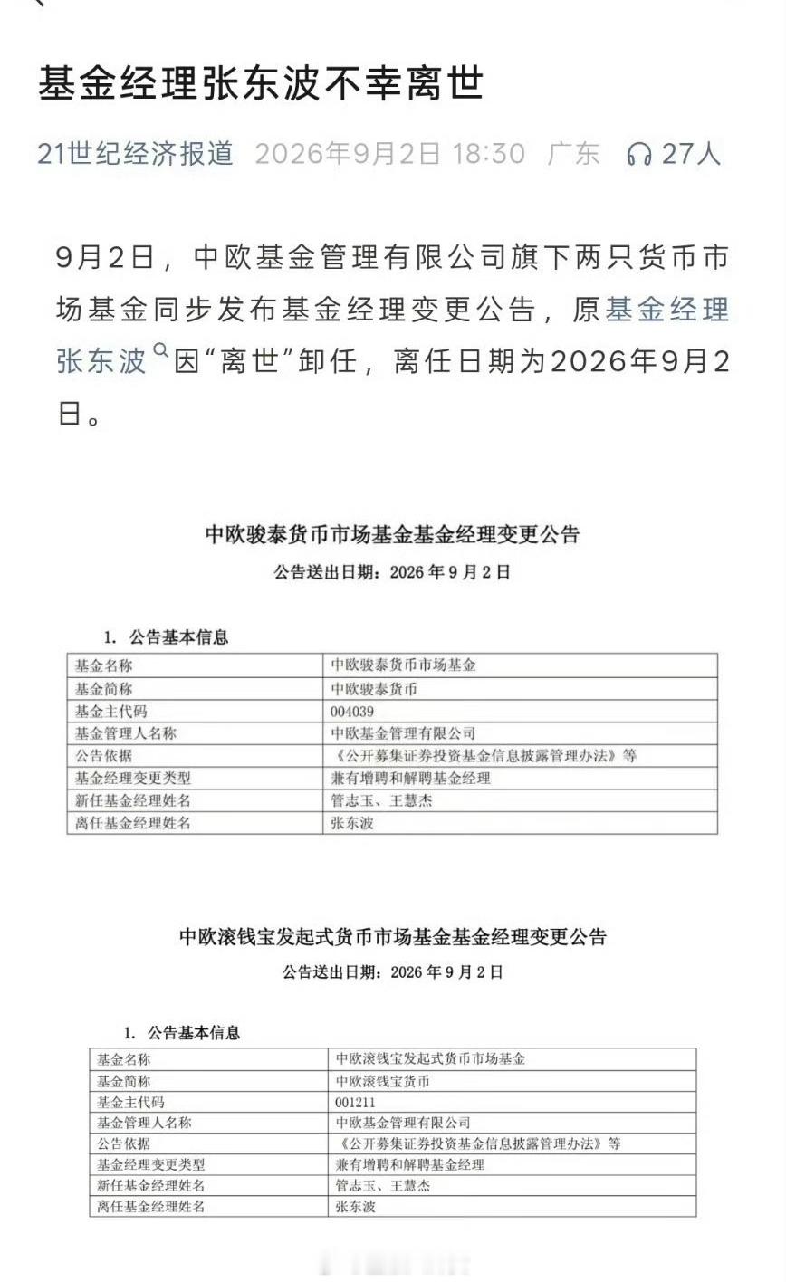 中欧基金管理2542亿基金经理张东波离世，网传张东波为1986年生，年仅40岁…