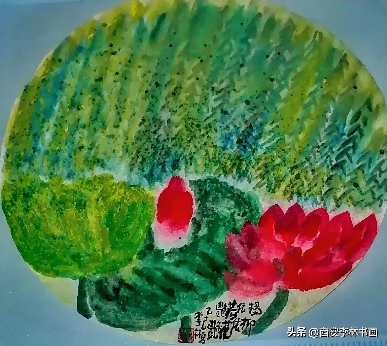 《西安李林绘画：杨柳依依荷花艳》