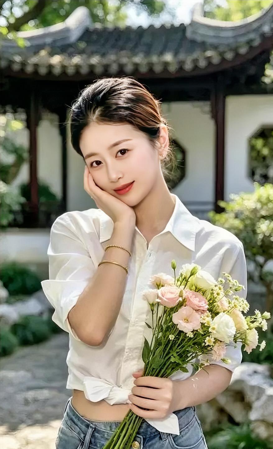 风一吹，园林便醒了。

白衫轻挽，花束微香。

托腮浅笑，眉眼明亮。

不争不抢