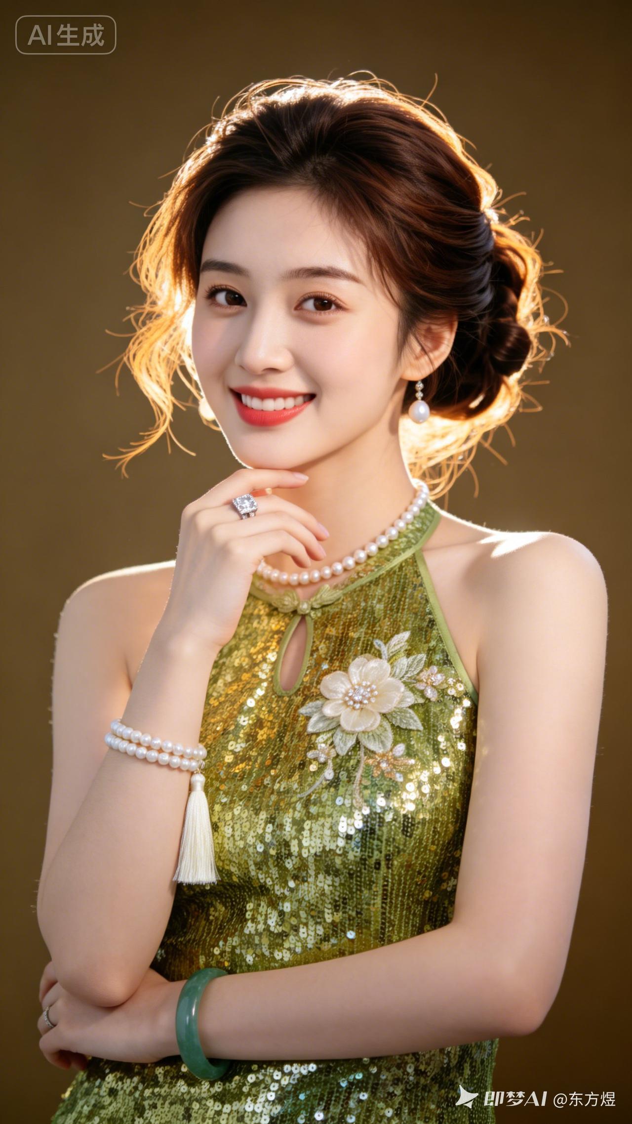 温婉女子梳蓬松棕调低丸子头。身着金绿重工亮片挂脖旗袍，珍珠钻石青玉配饰雅致。侧逆