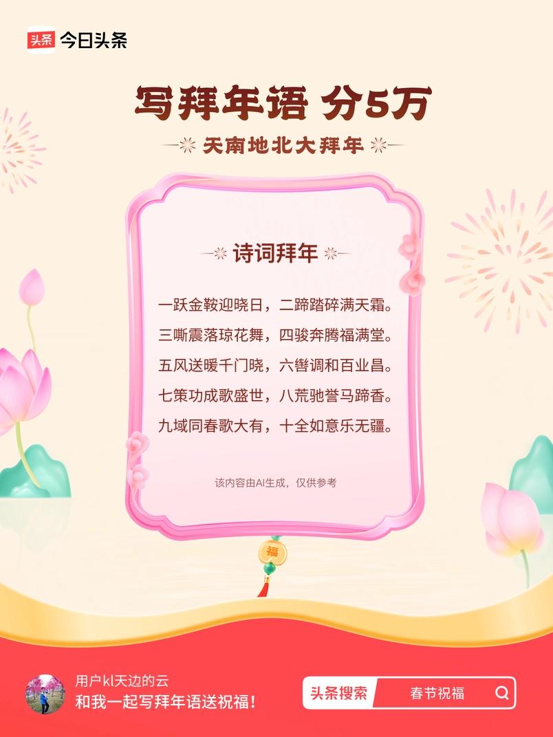 写拜年语送祝福新春拜年送祝福！我的祝福是：“一跃金鞍迎晓日，二蹄踏碎满天霜。三嘶