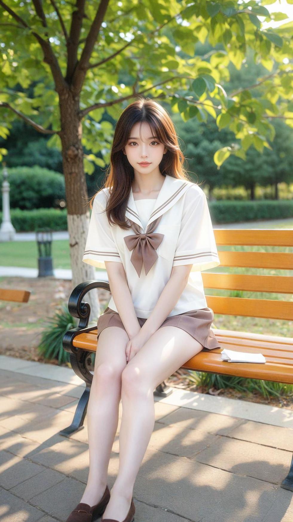 夏日校园风，少女心满满，静坐长椅，享受阳光。