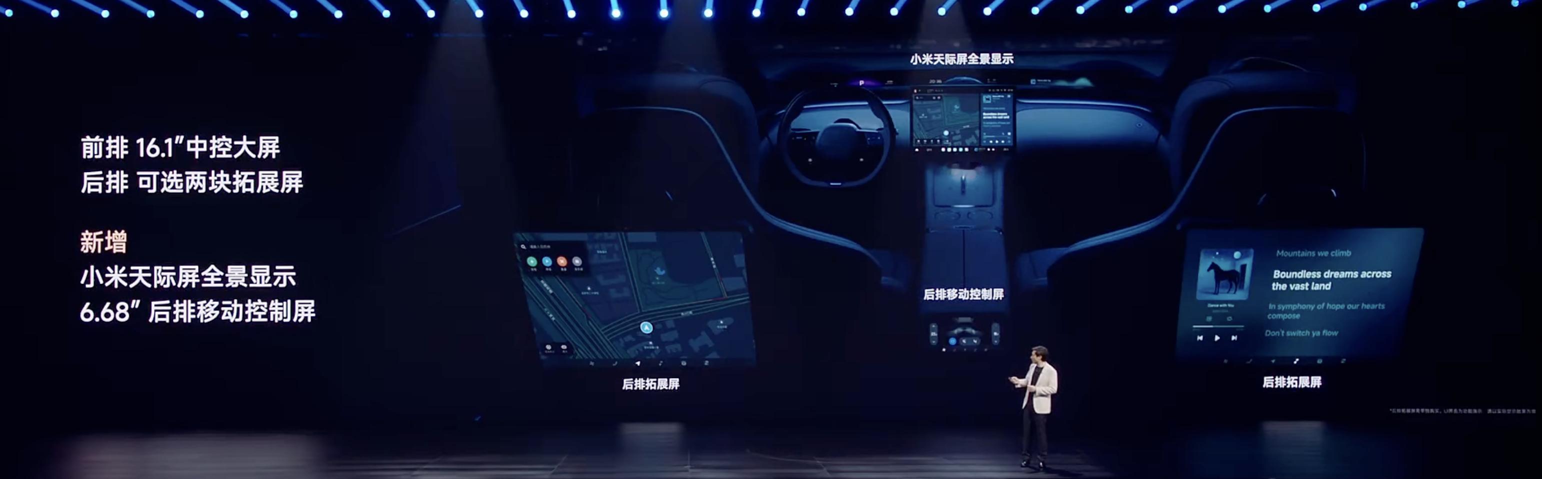 小米 YU7 的天际屏，就是曲面投影屏，用了三块 Mini LED 屏幕，1.1