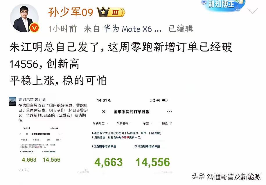 零跑拼的是就是性价比，在其他汽车品牌在销量下跌的时候，零跑汽车逆风而上，本周的销