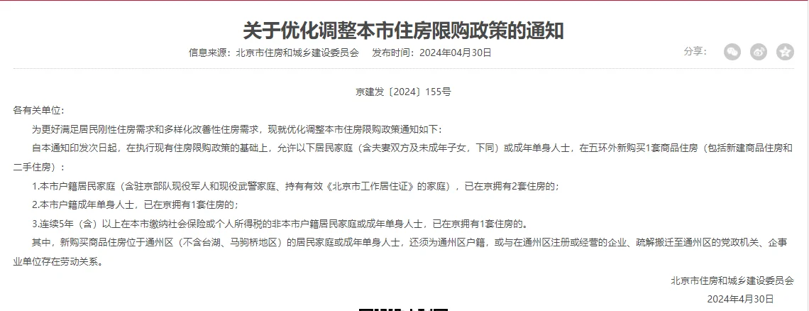 北京发布关于优化调整本市住房限购政策的通知。自本通知印发次日起，在执行现有住房限...