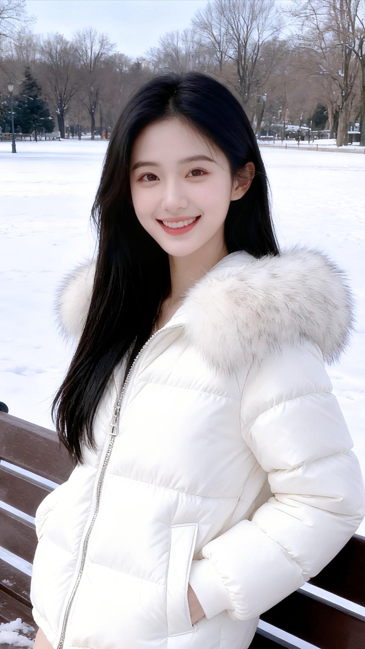 雪落的公园像被揉碎的月光铺了满地，她裹着那件蓬松的白羽绒服，毛领上沾了星点细雪，