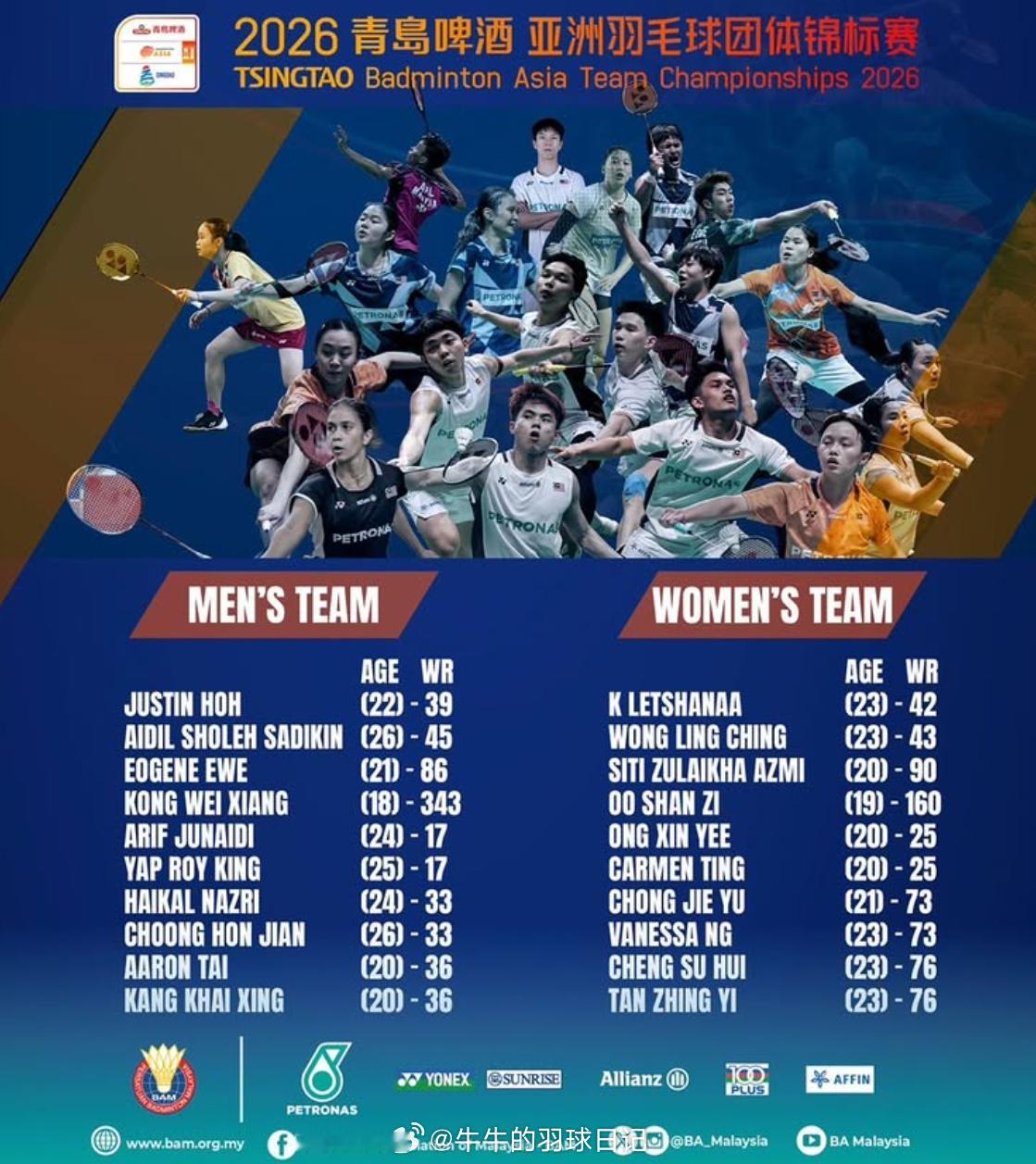 2026年亚洲羽毛球团体锦标赛 马来西亚男贺首维 艾迪尔 尤阳 江伟翔 阿里夫 