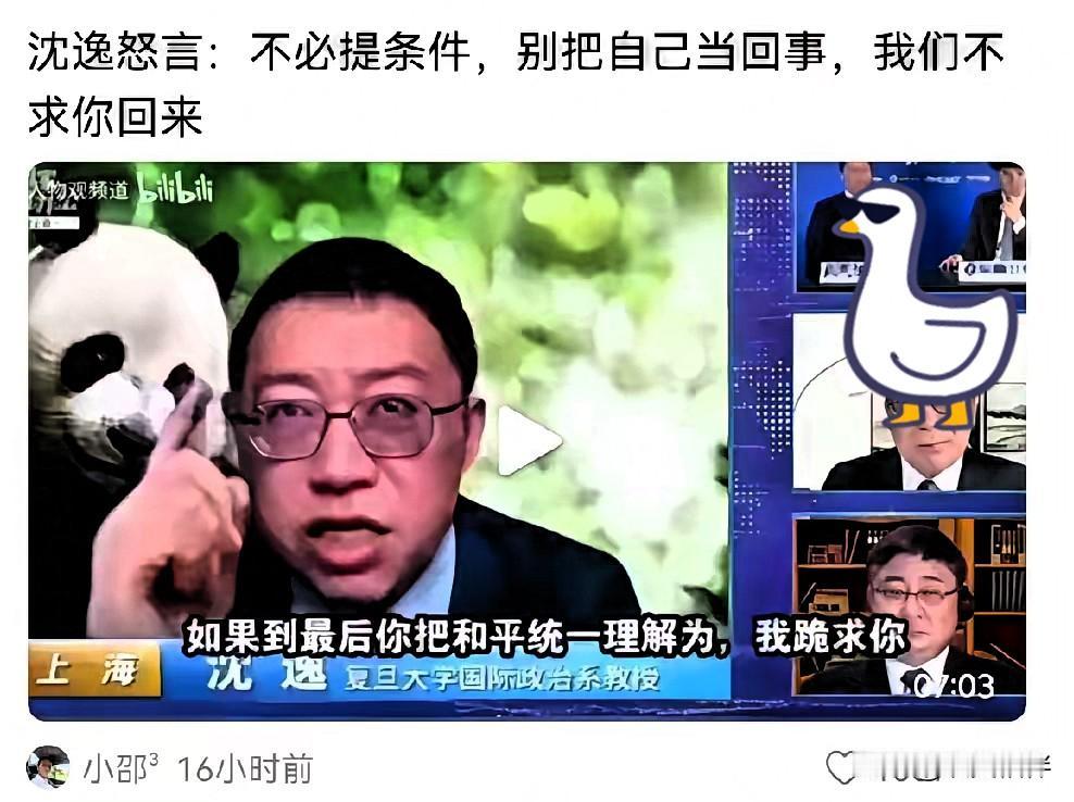 沈逸教授怒言警告台湾某些人，不必提条件，别太把自己当回事了，我们会靠自己的实力拿