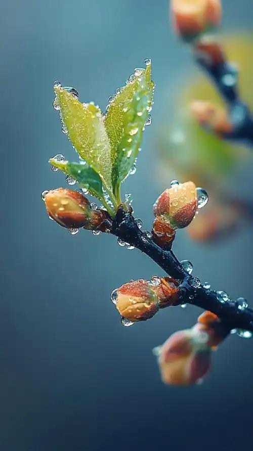 下联：春雨润新芽。