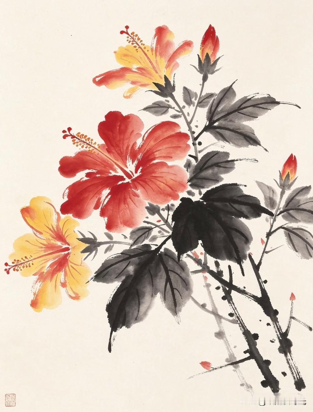 一抹朱红染宣纸，半枝扶桑见清欢。
小画拾光国画花卉临摹素材分享
扶桑花 国画花卉