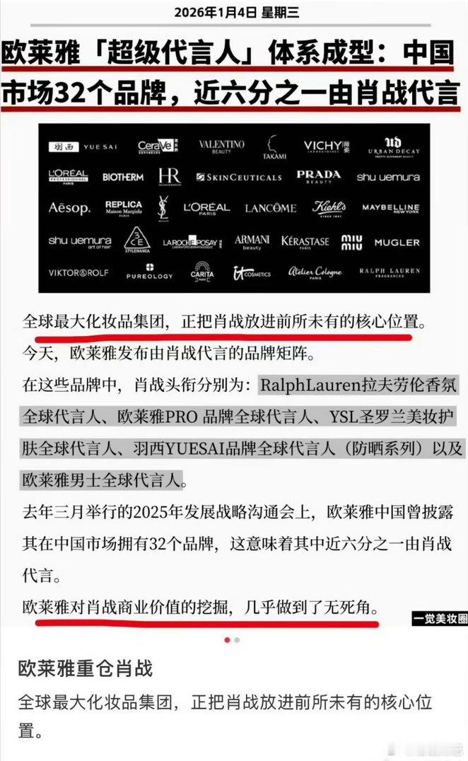 欧莱雅集团报告，2026第一季度领跑市场！欧莱雅集团五个品类全球品牌代言人肖战，