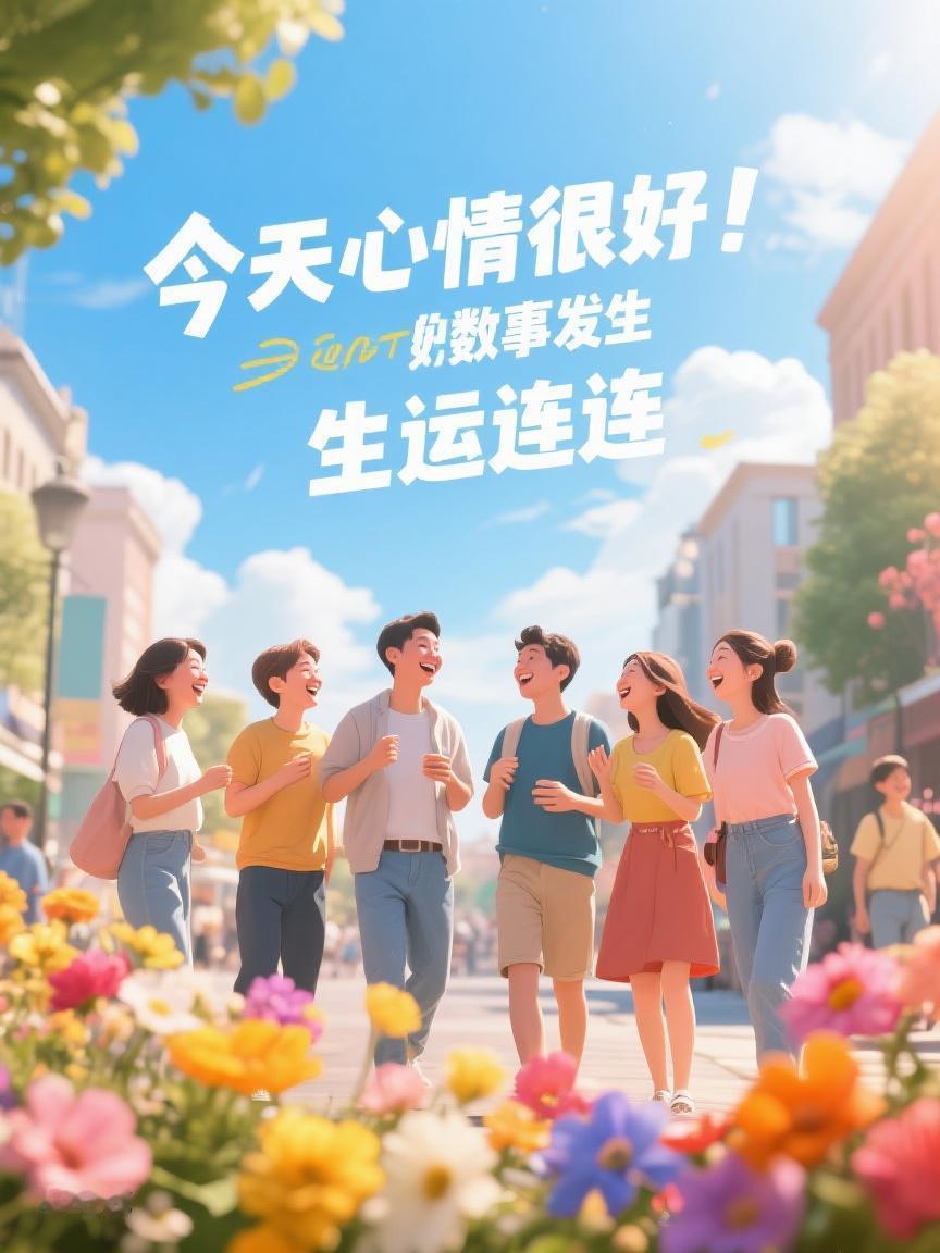 AI妙生图阳光倾洒，繁花簇拥，一群人笑着向前。生活如这画面，充满惊喜与希望✨