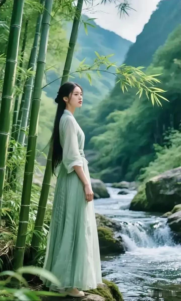 美女竹下等郎君，山高林密无人寻。难得避开家人眼，享受二人世界真快活。