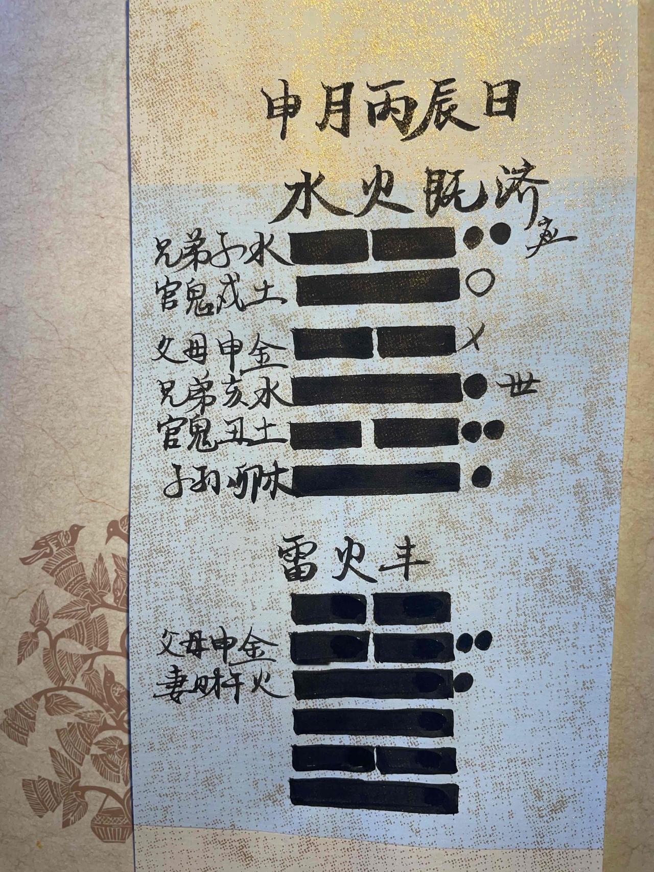 申月丙辰日
得到水火既济卦，变为雷火丰卦。

弟弟病了。
卦中两个兄弟爻，子水旬