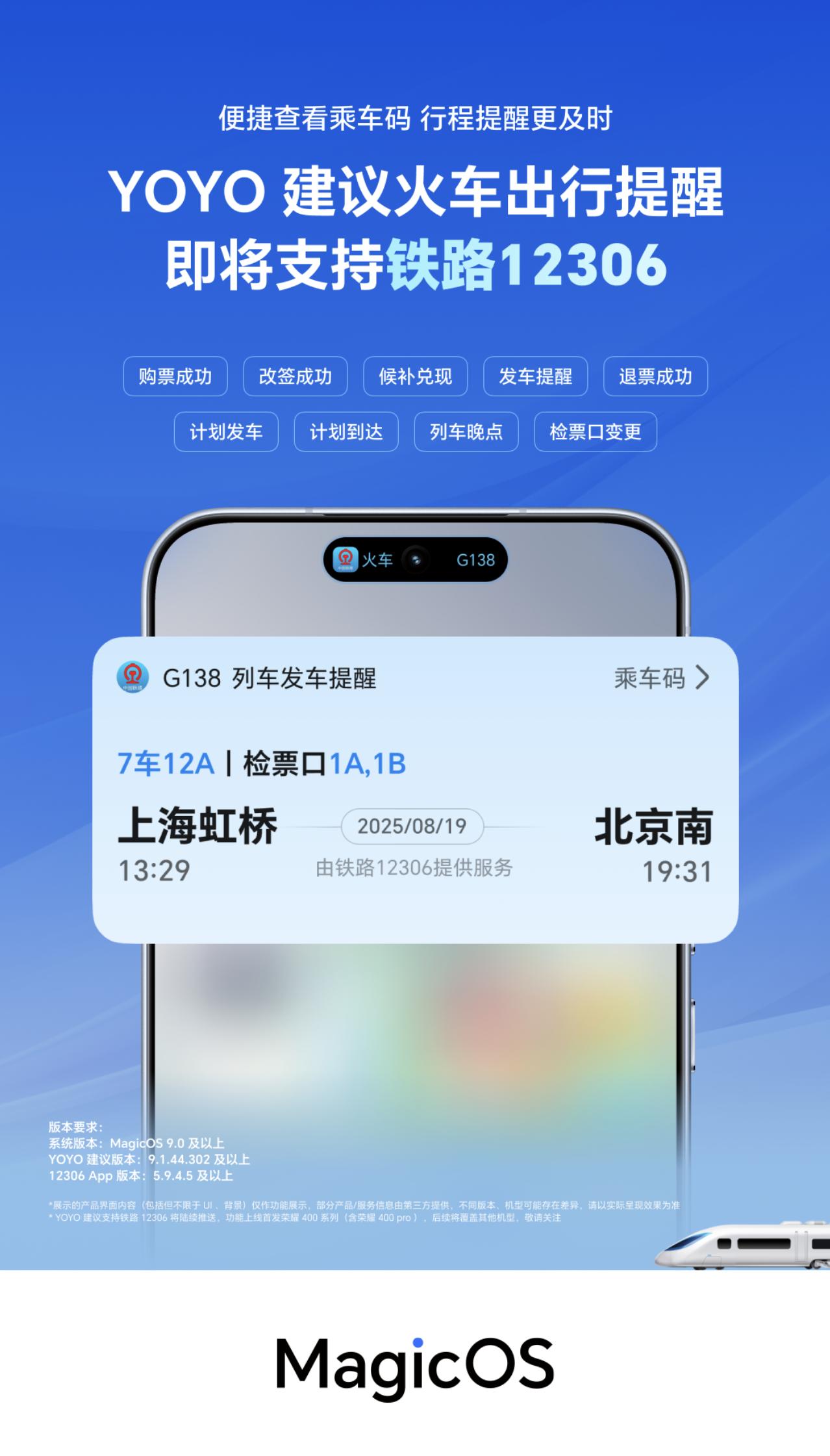 荣耀YOYO支持12306信息了，以后看车票行程等信息更便捷了。