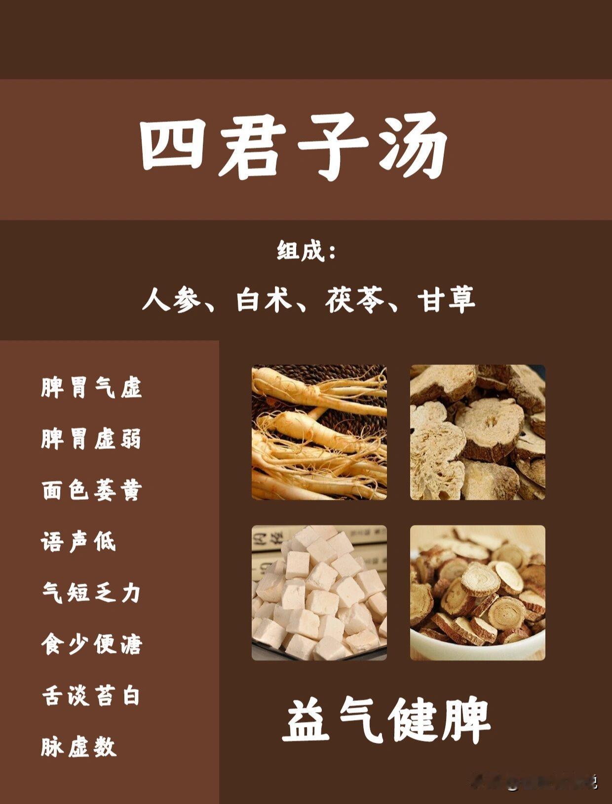 脾虚的人都给我用好它，健脾补气祛湿的好方啊。
脾虚用的最多的就是四君子汤，君子风