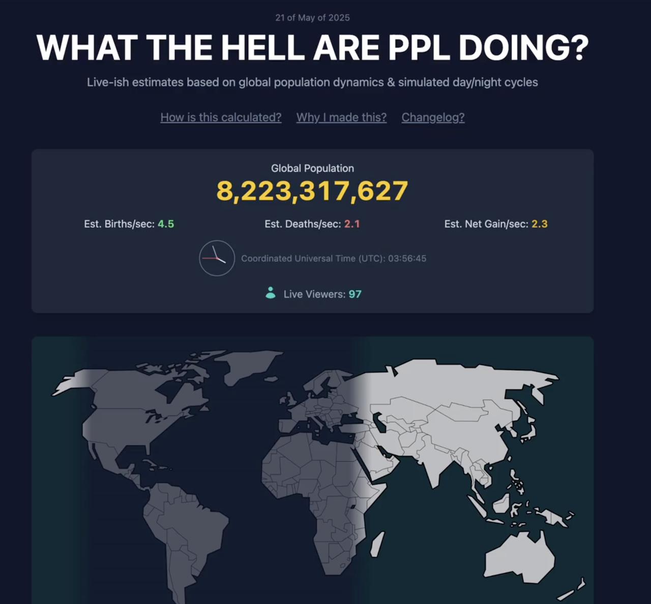 这个网站非常有意思——全世界人此时都在干嘛？
此时此刻，有多少人在睡觉、上班、吃