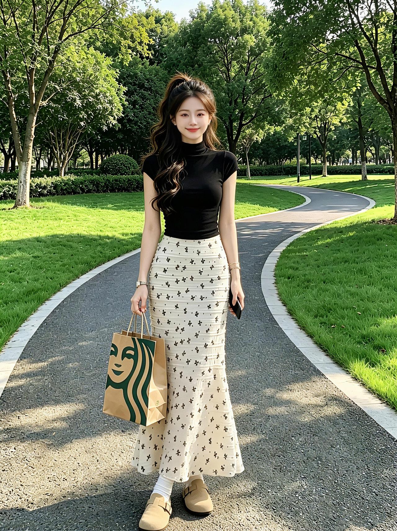 黑T恤+印花长裙