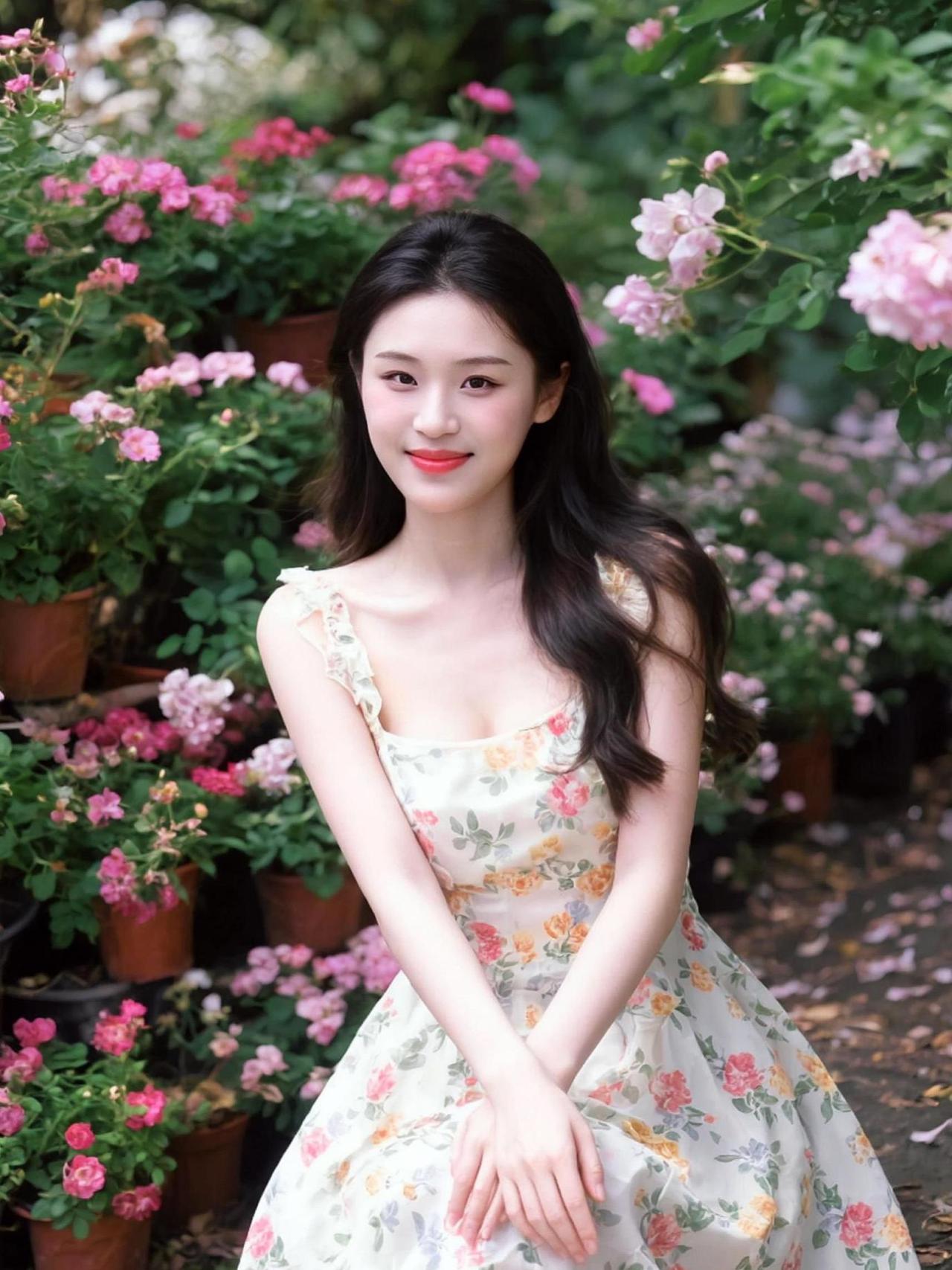 花园里的“柔美写真”，我差点以为是AI生成的！这花海比我的钱包还丰满，裙子比我的