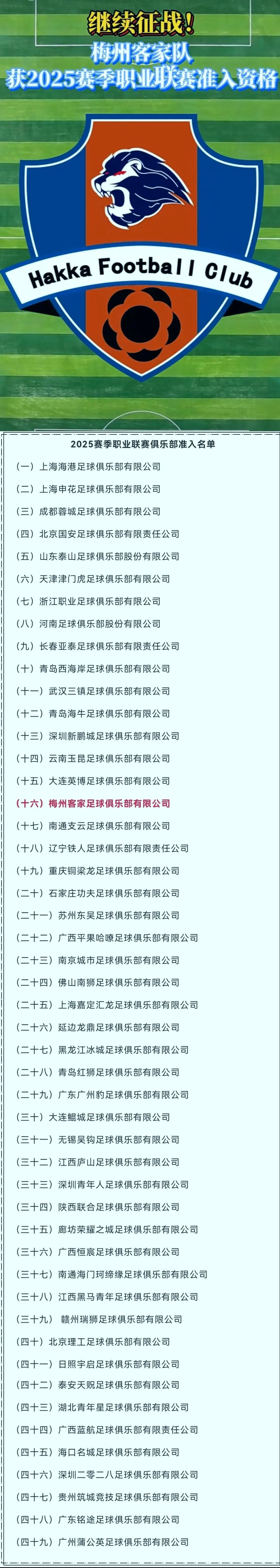 好消息！梅州客家继续征战2025赛季
今日（1月6日）下午，足协官宣梅州客家足球