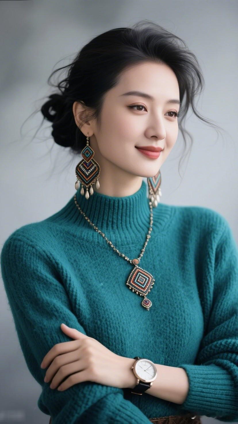 优雅复古风，绿松石毛衣搭配精致耳饰，尽显时尚魅力！随手一拍的氛围感