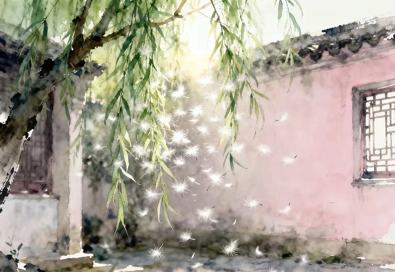 上联：细雨催桃枝吐艳
下联：微风吹柳丝飞絮