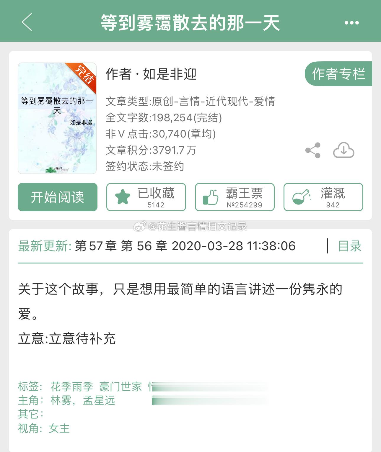 #花生推文# 《等到雾霭散去的那一天》如是非迎中强推朋友变恋人 晋江不v这本是老