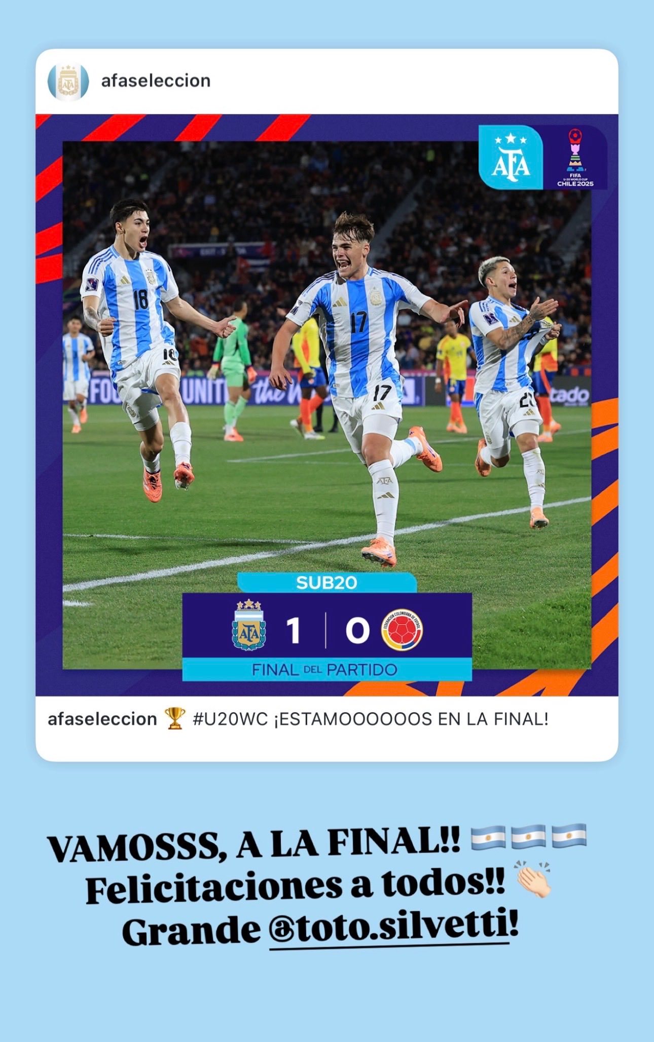 梅西INS祝贺阿根廷挺进U20世界杯决赛：进决赛了！！ 🇦🇷  🇦🇷 恭