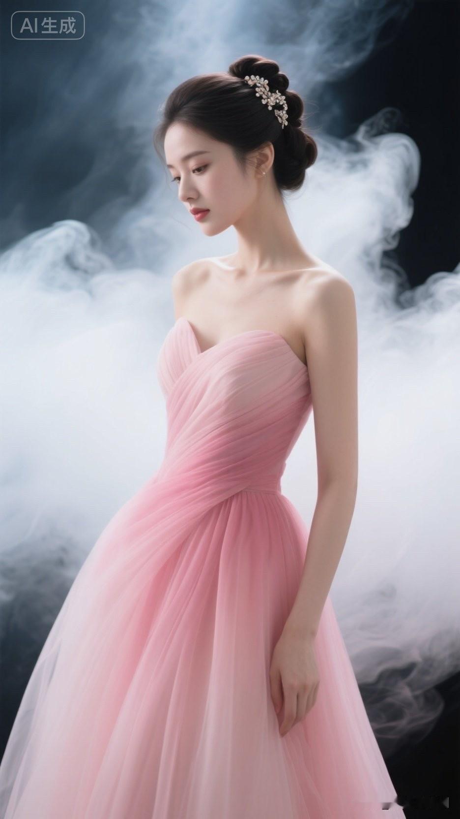 这姑娘穿着粉色礼服，好漂亮！