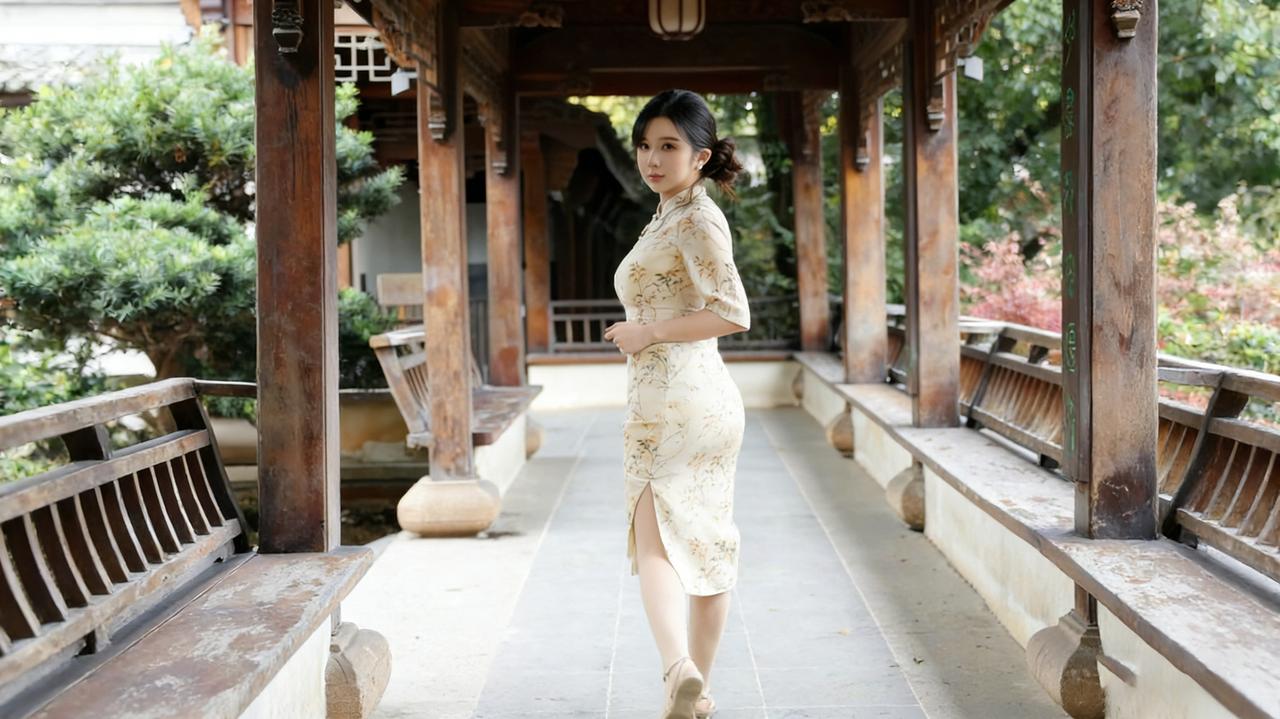 浙江杭州的20万粉博主苏晚，穿浅米黄碎花旗袍，找我在江南园林拍写真，只给20元。