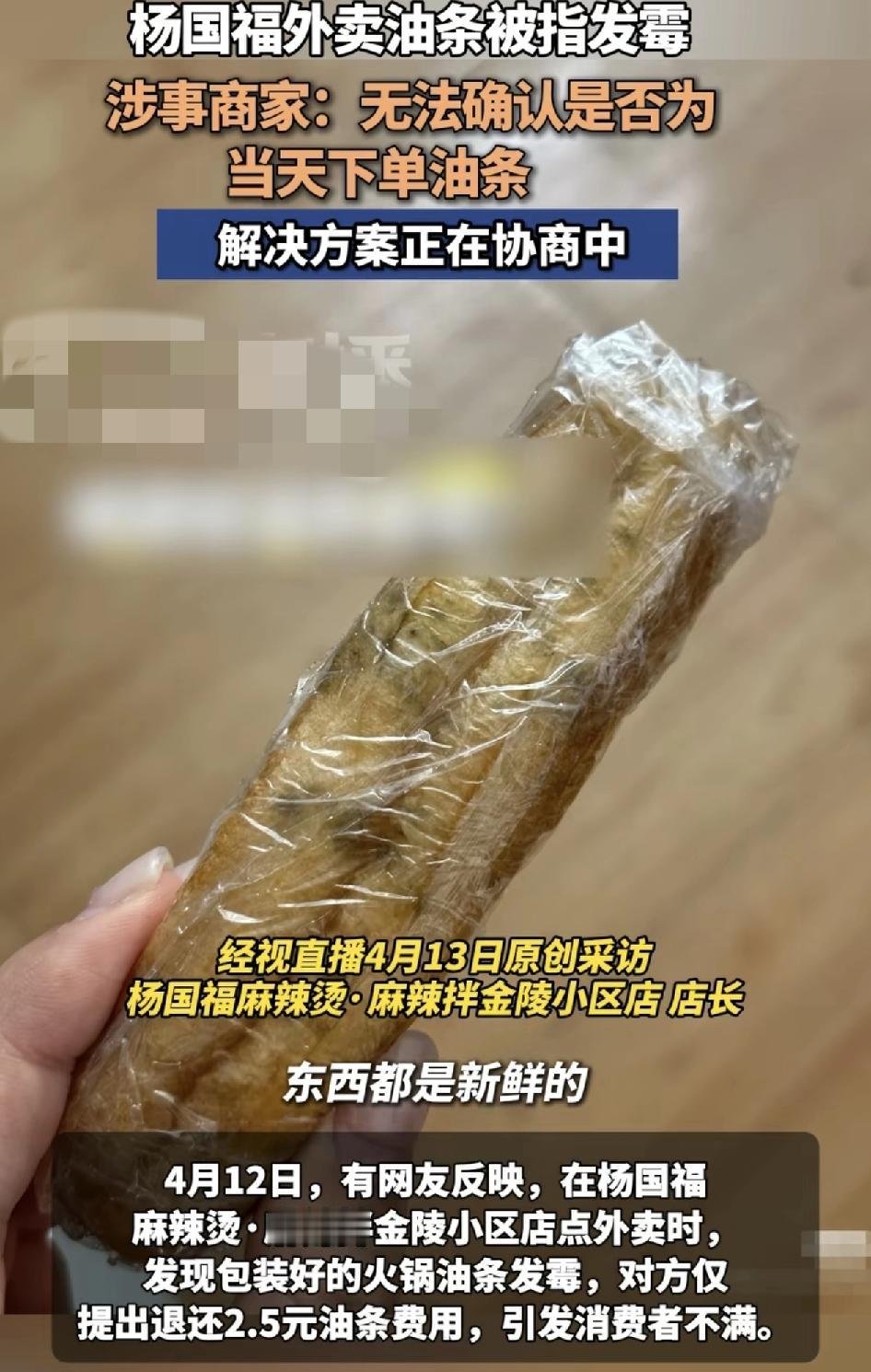 网友在杨国福点麻辣烫外卖时收到一根包装好的油条，发现已经发霉，但是商家只愿意退还