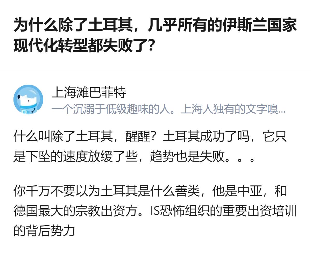 别被带偏了，土耳其哪算成功的现代化转型，它只是比其他伊斯兰国家下坠得慢半拍，本质