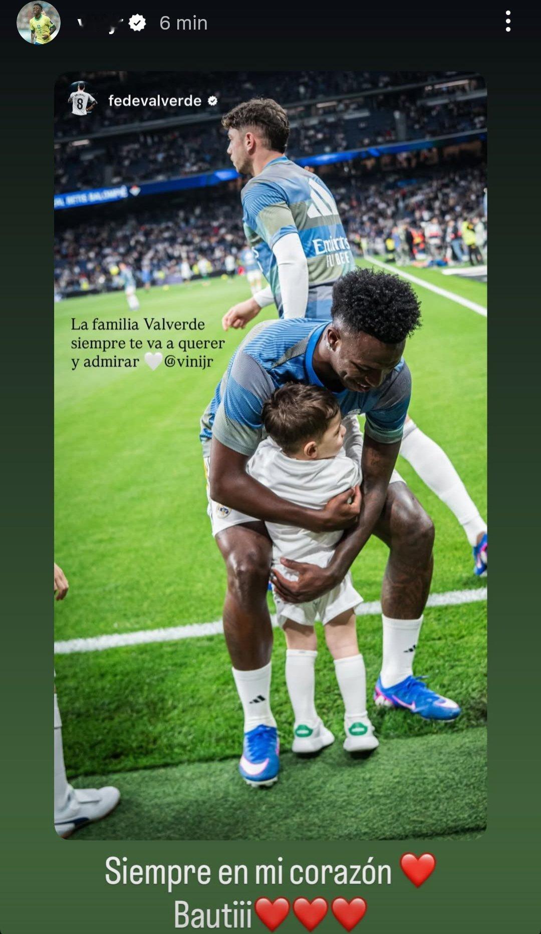 巴尔韦德：“vini，我们一家会永远爱你，敬佩你~”威尼修斯：“Bauti 永远