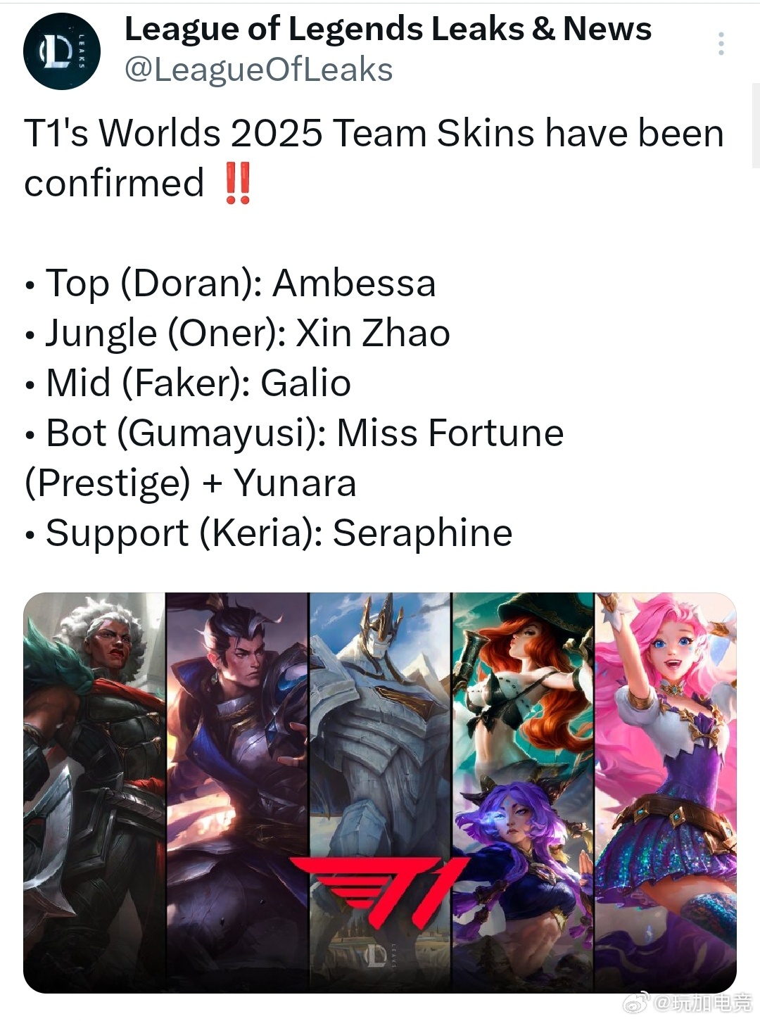 外网爆T1冠军皮阵容 Doran：安蓓萨Oner：赵信Faker：加里奥Guma