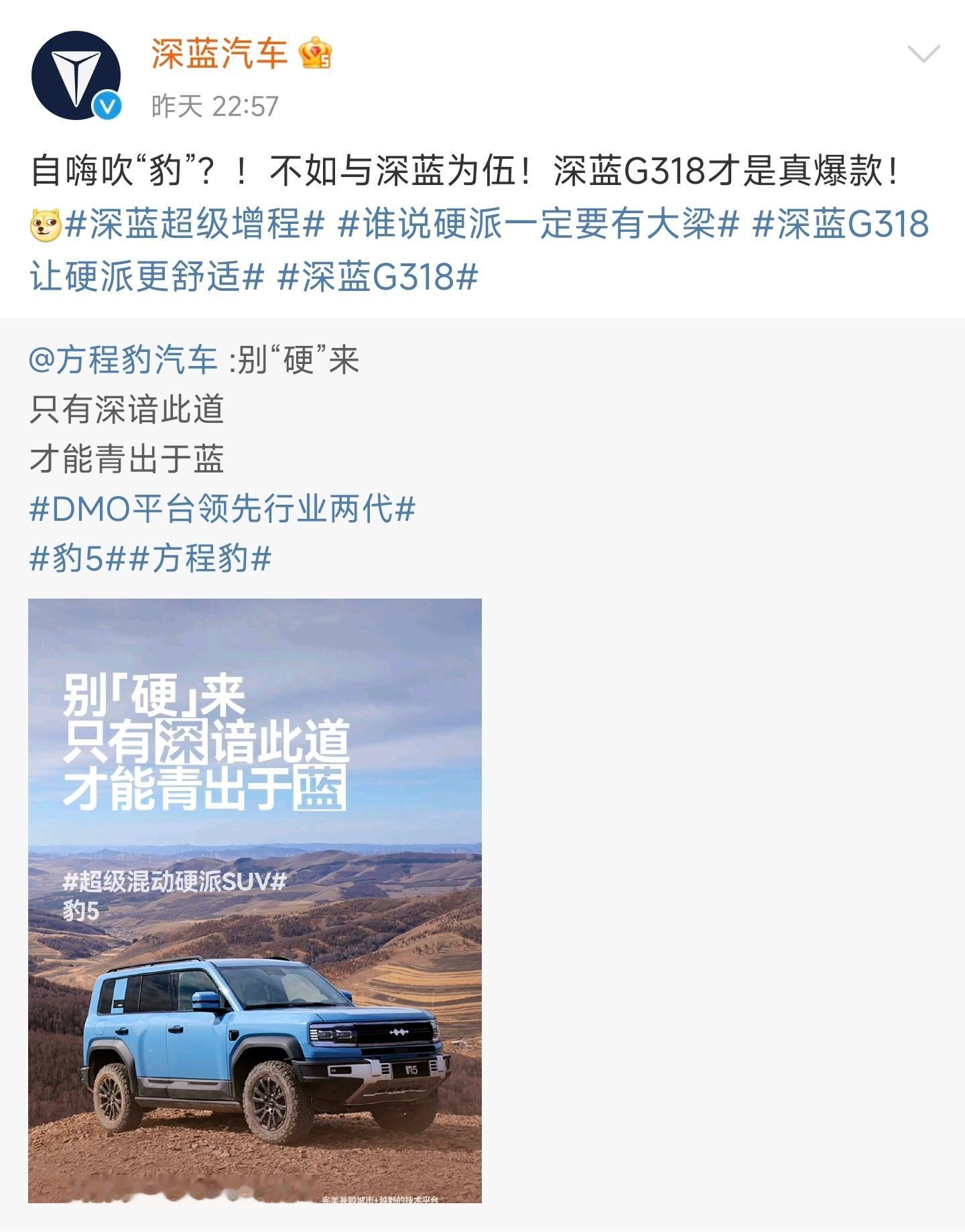 深蓝跟方程豹直接在微博上吵起来了，挺好。明着干比背后下黑手强多了。 ​​​