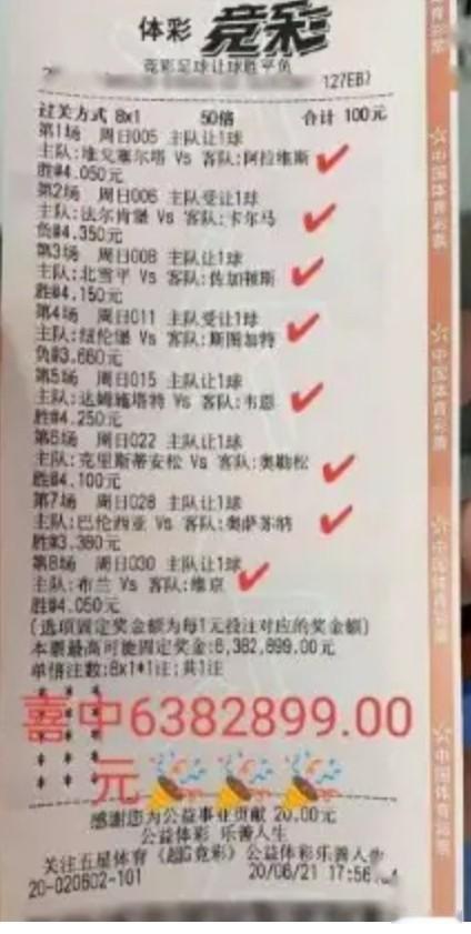 太厉害了，一彩民居然花100元，50倍投足球让球胜平负，过关方式是8串1。也就是