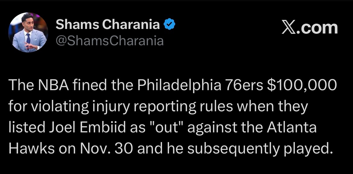 Shams：NBA对费城76人队处以10万美元罚款，原因是该队违反伤病报告规则—