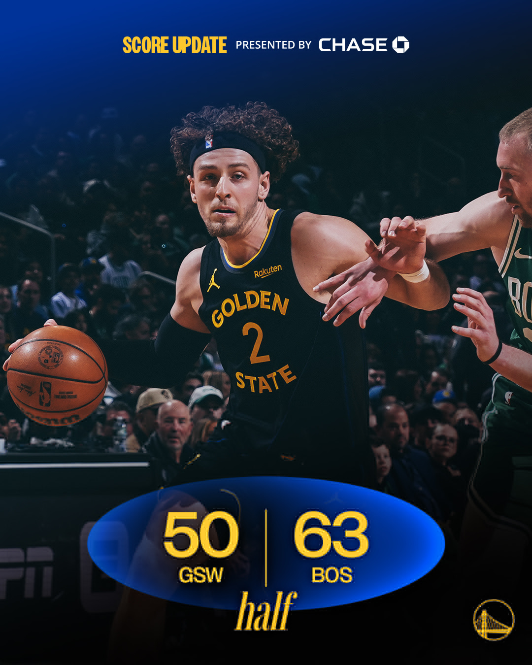 勇士半场 50-63 落后凯尔特人。斯宾塞得到 10 分，桑托斯贡献 11 分。