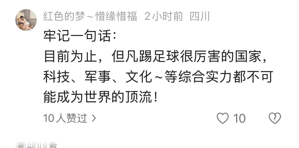 有人说；踢球厉害的国家，经济、科技、文化、军事都不可能是世界顶流的国家。
我认为