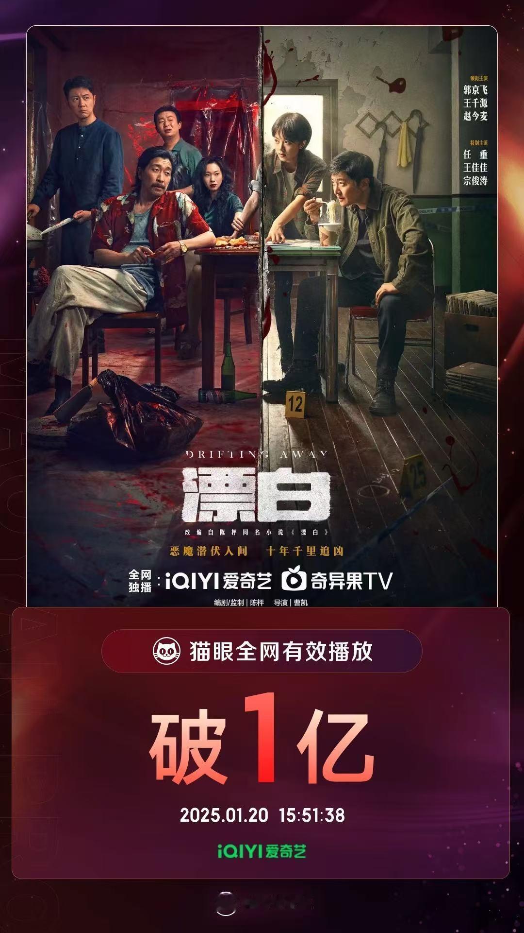 电视剧漂白[超话]  漂白有效播放量破亿  据猫眼专业版数据， 领衔主演电视剧《