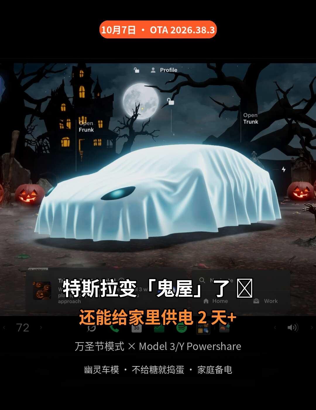 特斯拉变「鬼屋」了👻还能给家里供电2天
特斯拉刚推 2026.38.3，两个看