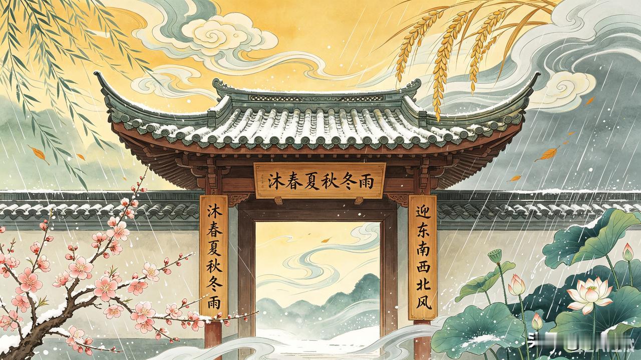 上联：沐春夏秋冬雨
下联：迎东西南北风