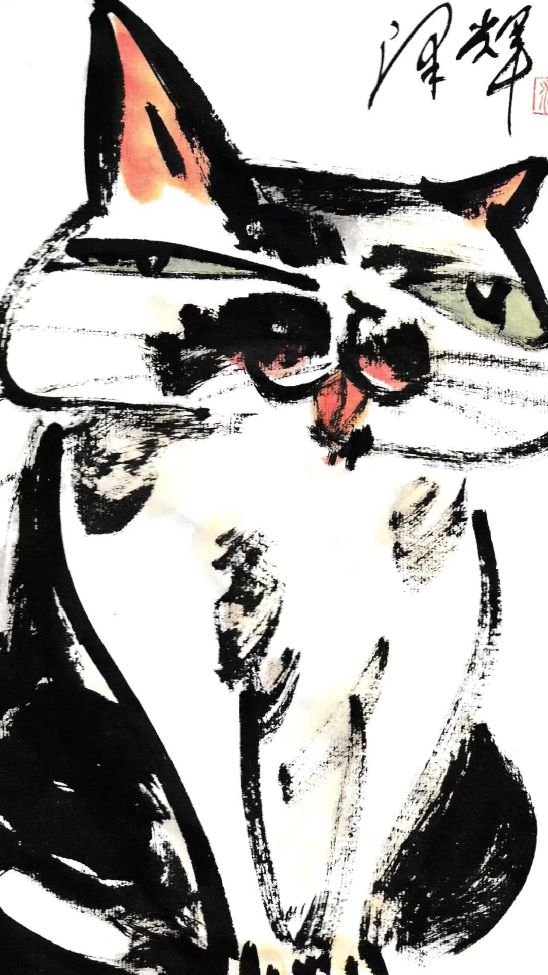 没想到随手画的小猫能这么治愈！
1️⃣泼墨画猫：用浓墨打底轻松勾勒轮廓，再蘸淡墨