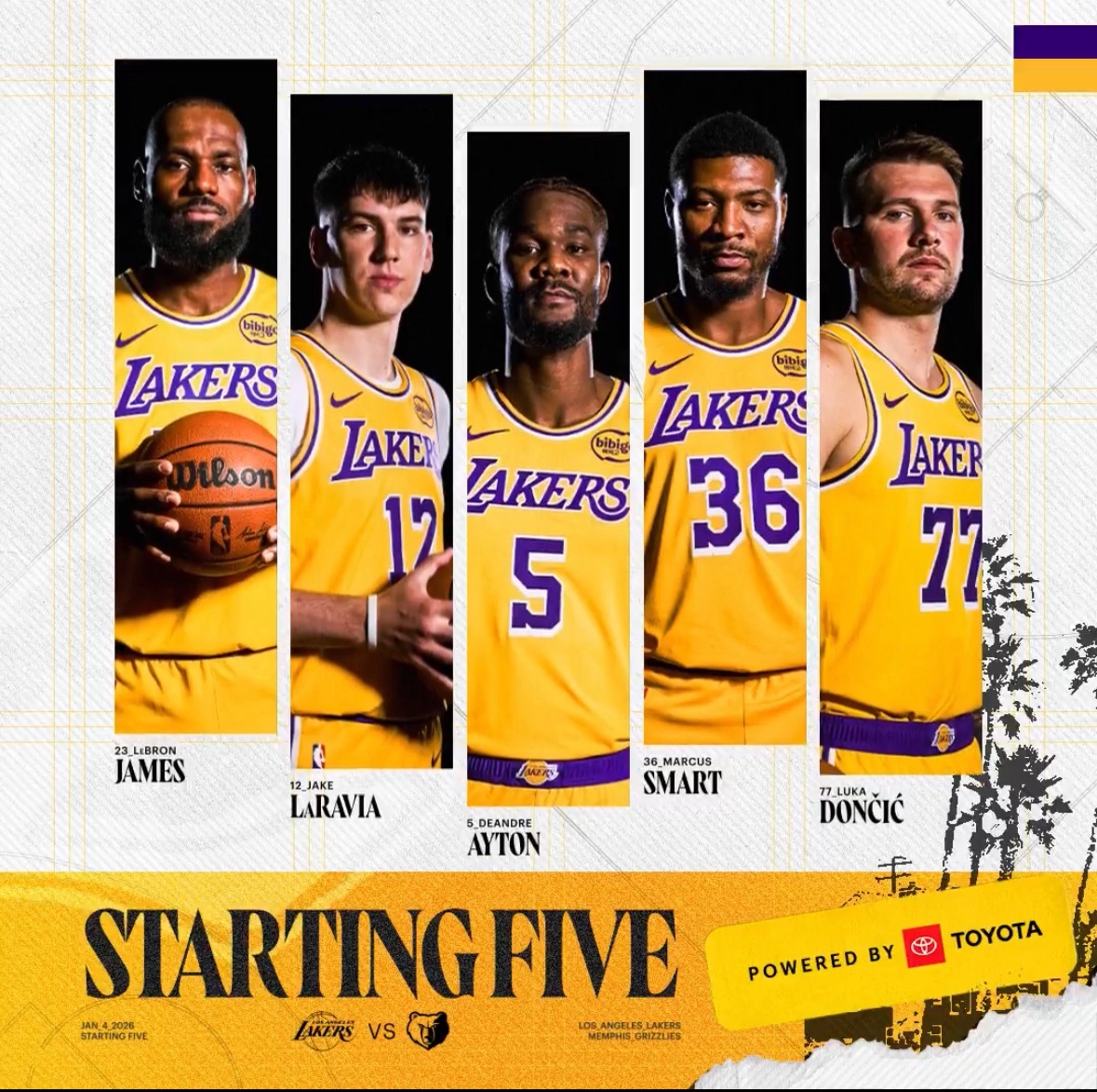 湖人首发：东契奇、斯玛特、拉拉维亚、詹姆斯、艾顿灰熊首发：斯宾塞、威尔斯、考沃德