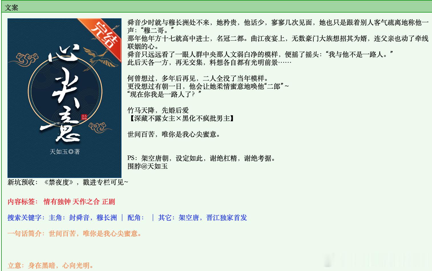 683.《心尖意》天如玉晋江已完结。看完了但还是要说不如不看，文案真的蛮吸引我的