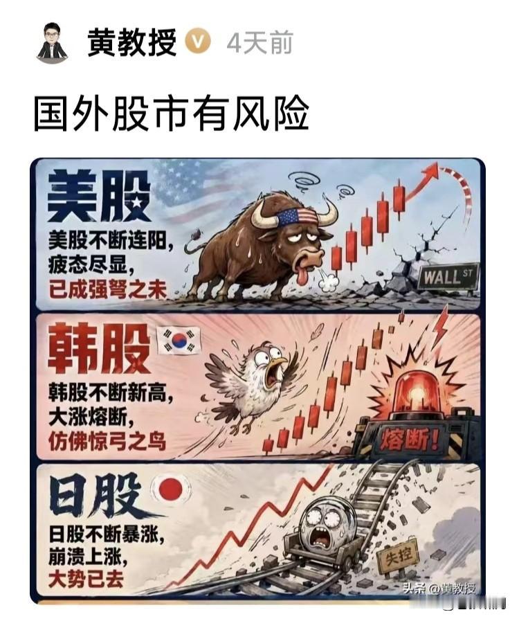 小黄教授发图文:国外股市有风险！图中美韩日三国股市，状态令人惊恐。

美股不断连