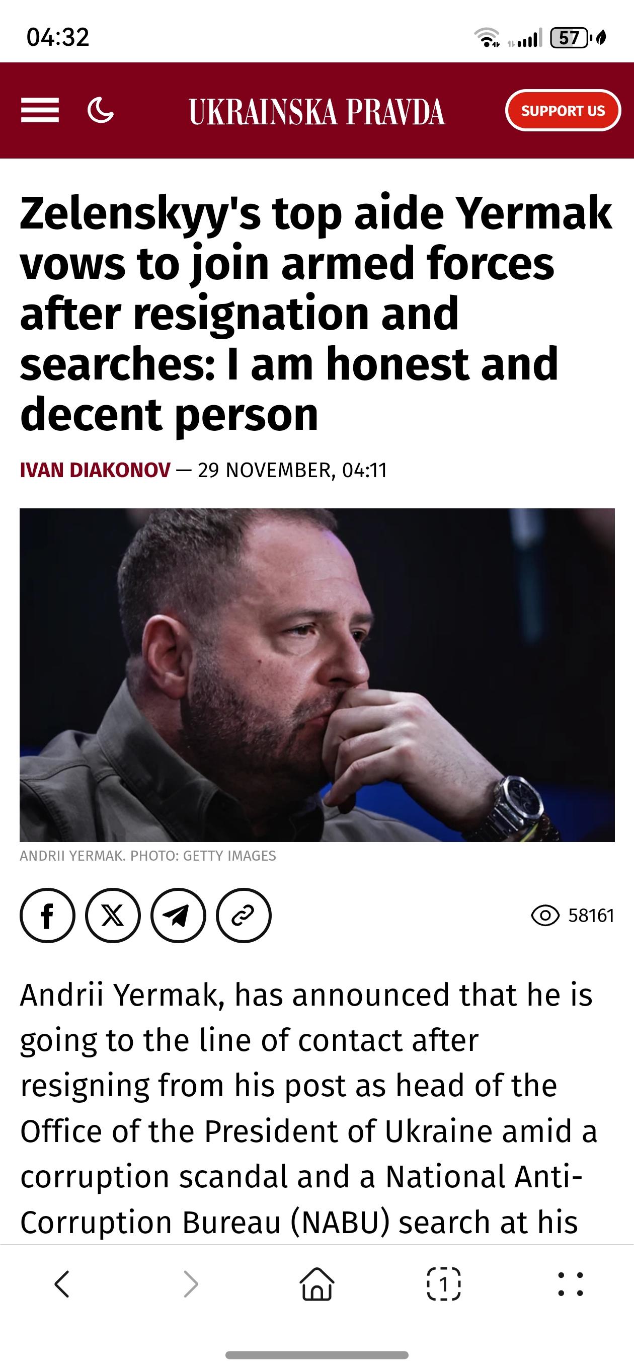 据纽约时报报道，安德烈·叶尔马克（Andrii Yermak）宣布，在因腐败丑闻